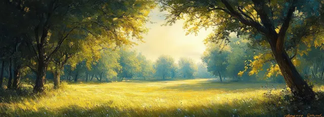 Sunlit meadow path beside trees, open landscape with soft morning haze and parklike calm