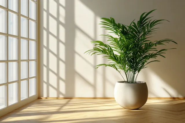 Green plant in a white ceramic pot in a minimalist room, sunlight and window shadows on a light wooden floor.