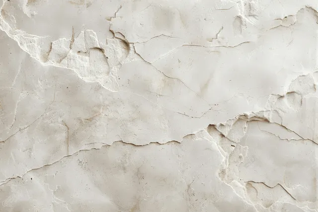 Close-up of a cream plaster wall with cracked stucco and peeling patches.