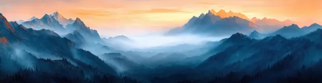 Impressionist panoramic mountain range at dawn with golden light breaking through layered mist and fog.