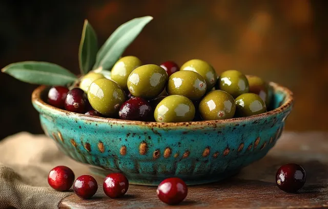 Turquoise ceramic bowl filled with glossy green olives and dark cherries sits on a wooden table with scattered cherries.