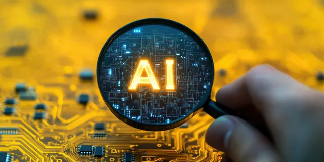 Hand holds magnifying glass over yellow circuit board highlighting glowing AI letters