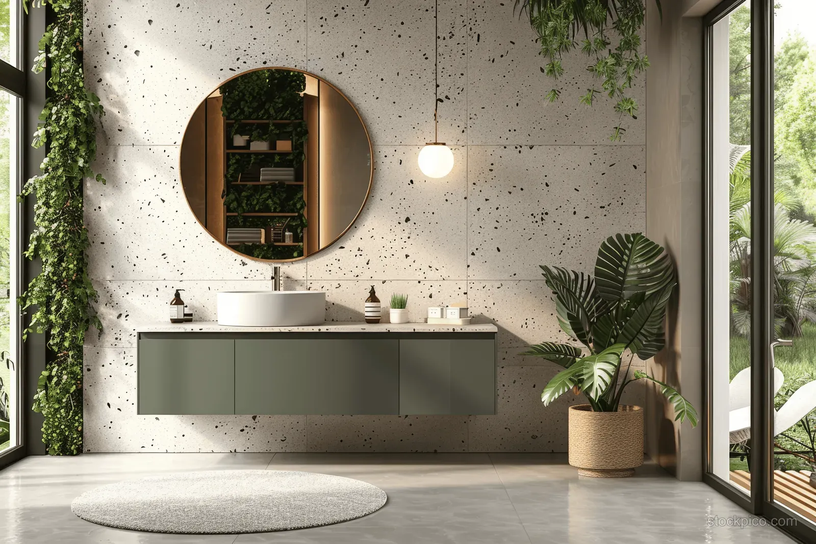 Terrazzo bathroom wall features a round mirror over a floating vanity with green plants near large windows.