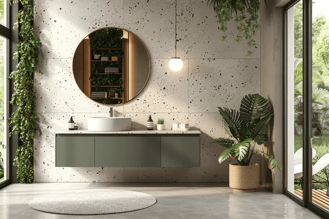 Terrazzo bathroom wall features a round mirror over a floating vanity with green plants near large windows.