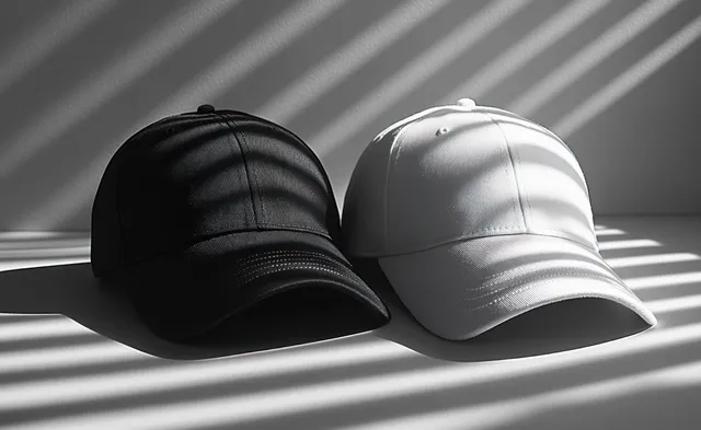 Black and white baseball caps placed side by side under diagonal striped sunlight on a dark surface.