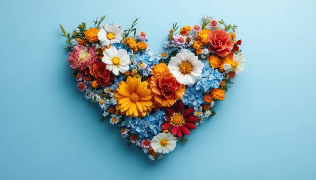 Heart-Shaped Flower Arrangement with Orange and Red Blooms on Light Blue Background