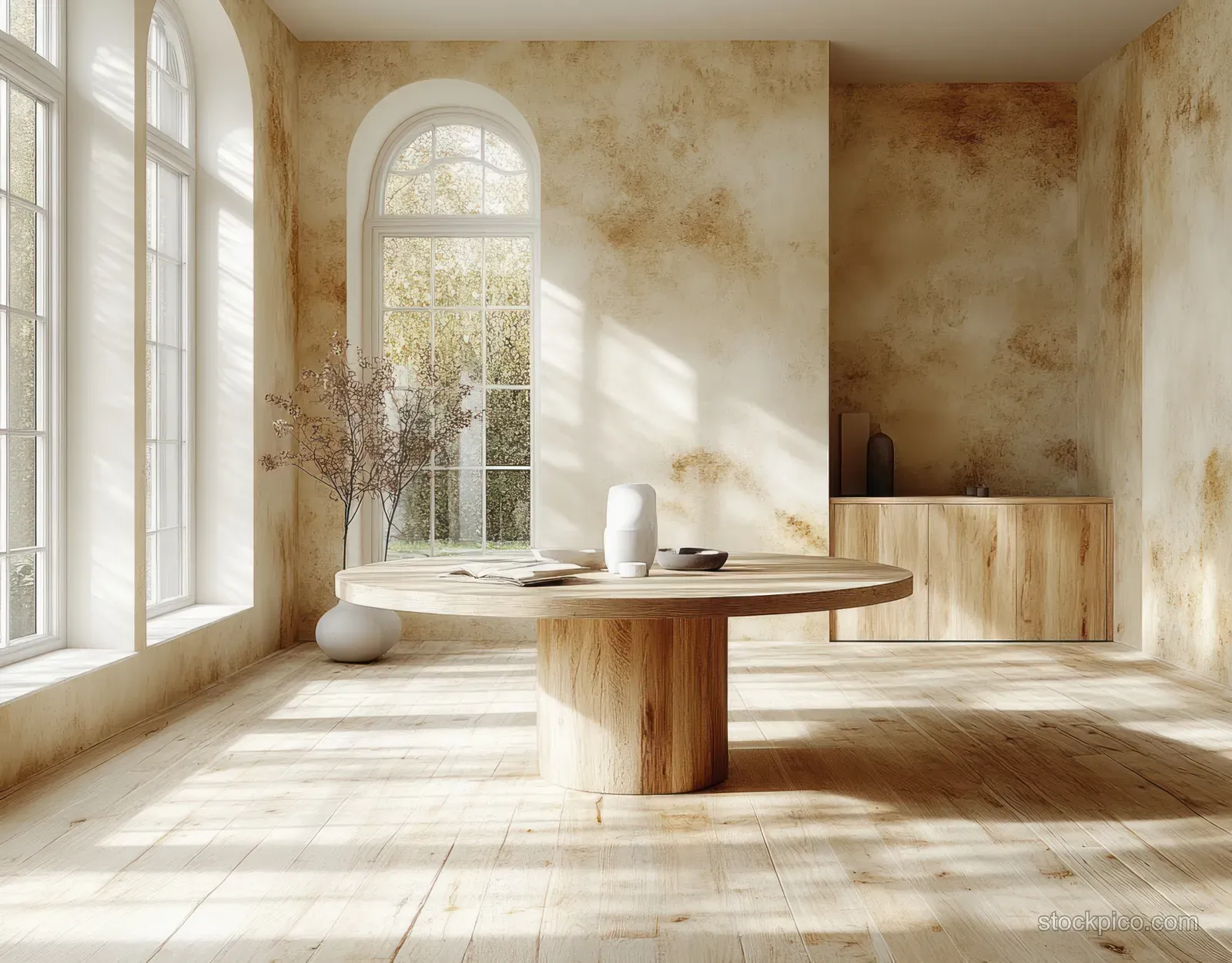 Minimalist dining room with a round wooden table and sunlight streaming through arched windows onto neutral walls.