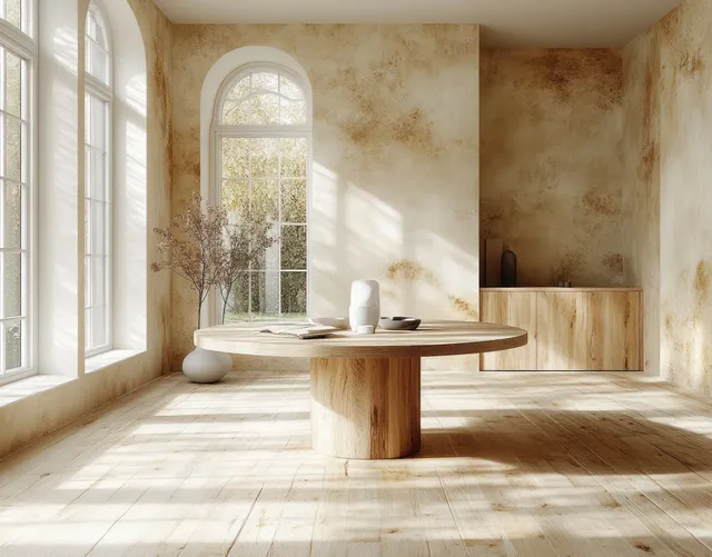 Minimalist dining room with a round wooden table and sunlight streaming through arched windows onto neutral walls.