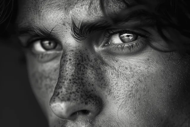 Black and white portrait of a freckled face in soft shadowy light