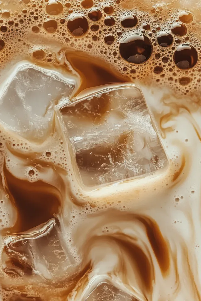Creamy iced coffee close-up with swirling milk and visible ice cubes surrounded by frothy bubbles.