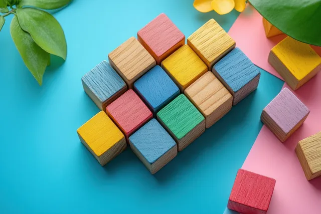 Colorful wooden blocks interlocked in a puzzle pattern on a bright blue background.