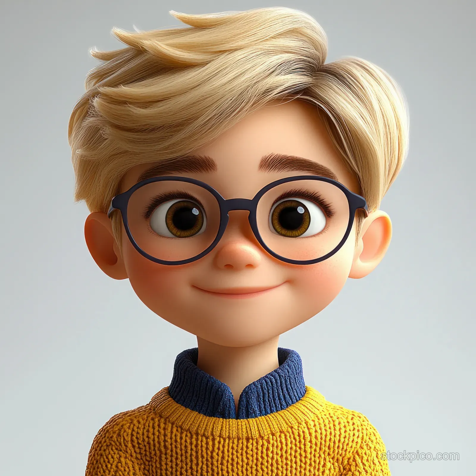 Smiling young person with short blond hair, round glasses, and a bright yellow knit sweater against a plain light background.
