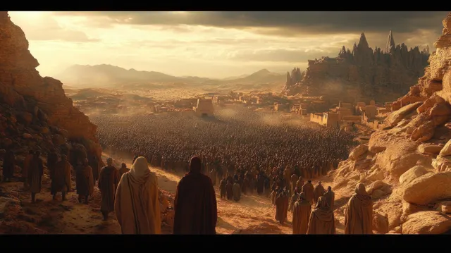 Moses leads Israelites marching through a rocky desert canyon toward bright ruins and distant mountains.