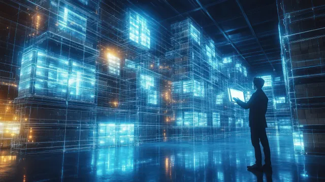 A VR-goggled engineer stands in a futuristic warehouse while holographic logistics interfaces float in blue light.