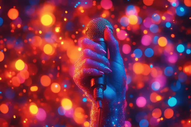 Close-up microphone with glowing stage bokeh lights in the background for a live singing atmosphere.