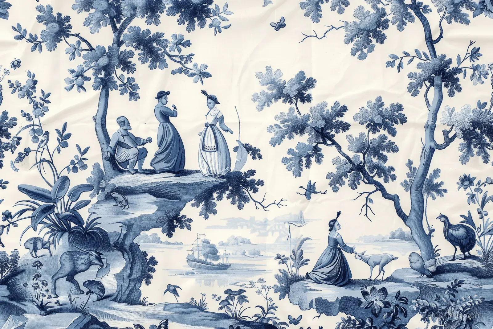 Blue ink toile de Jouy garden scene with birds, human figures, trees, and ships on a white background.