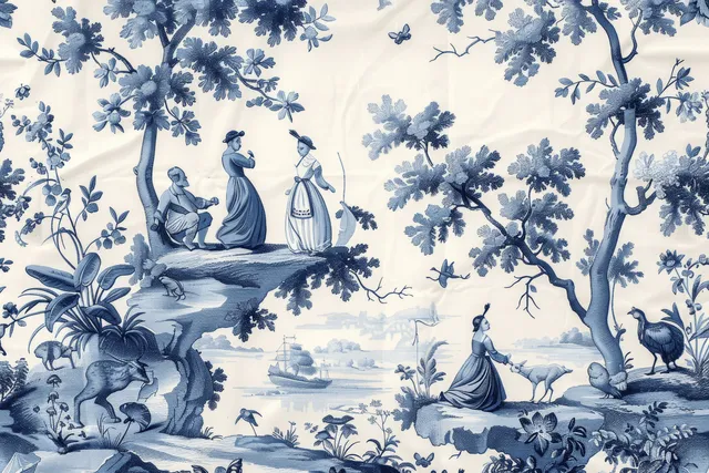 Blue ink toile de Jouy garden scene with birds, human figures, trees, and ships on a white background.