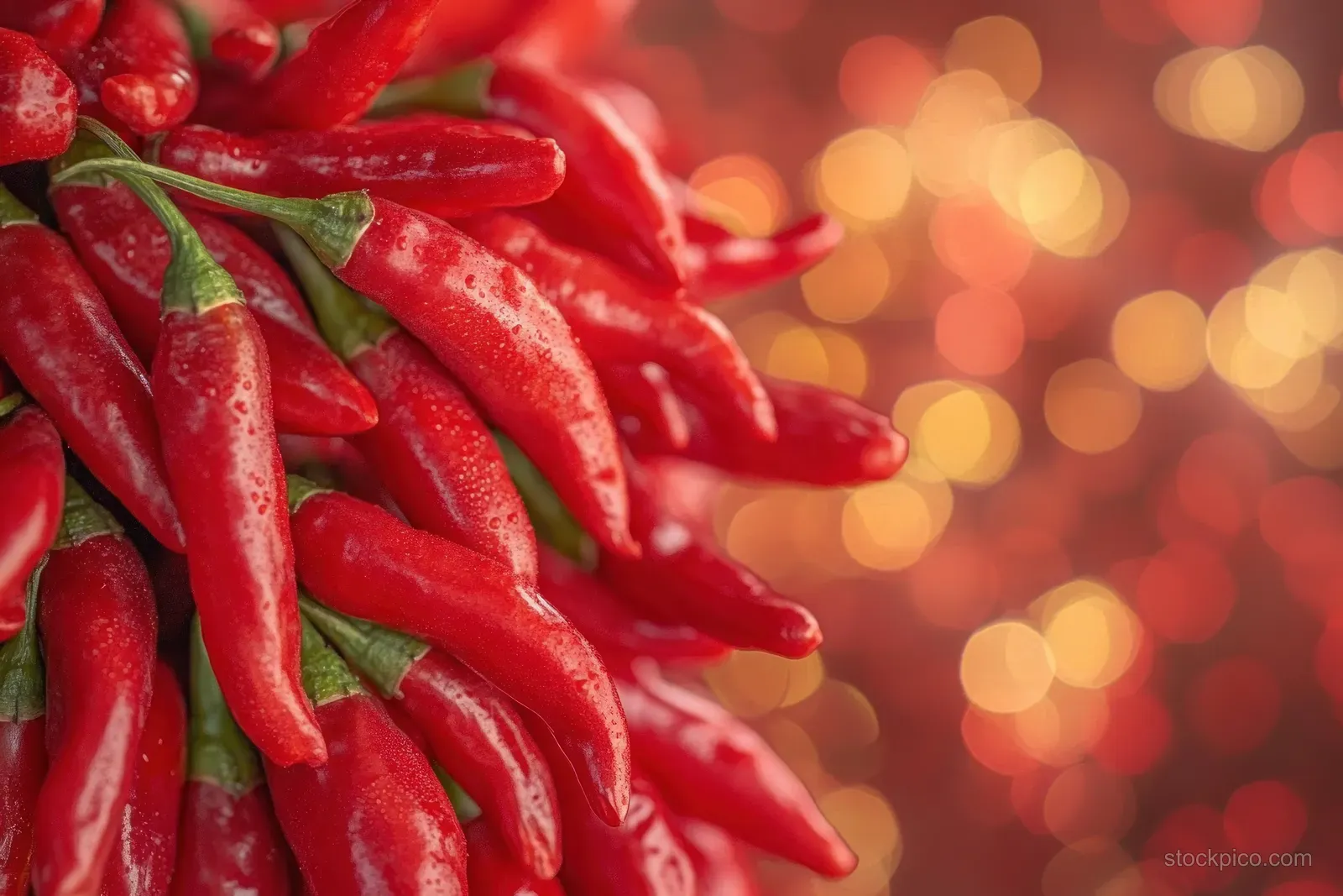 Fresh red chili peppers with water droplets clustered together against a warm golden bokeh background.