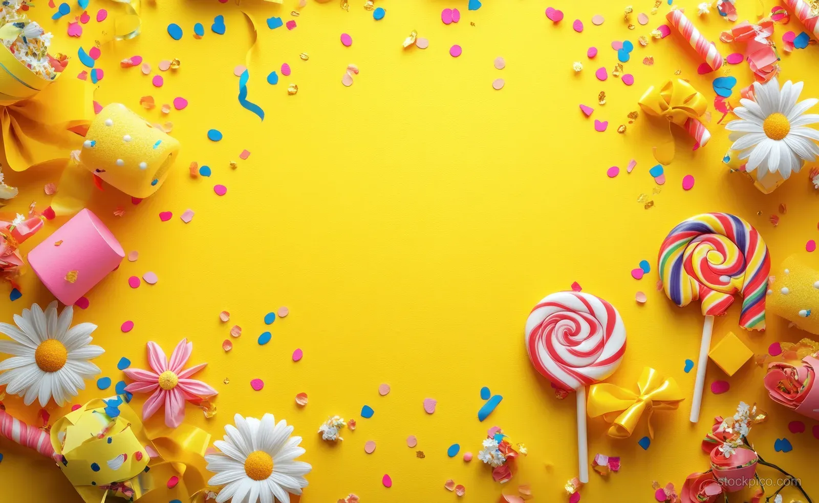 Colorful confetti and daisies surround swirl lollipops on a bright yellow celebration backdrop.