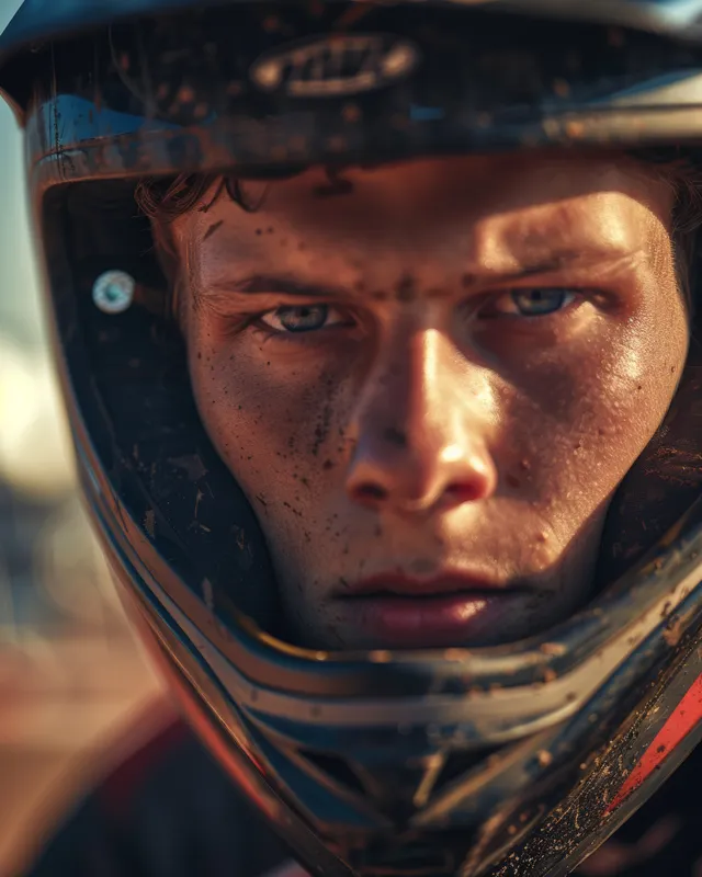 Helmeted BMX racer crouches at the starting gate, gripping bike bars on an outdoor track.