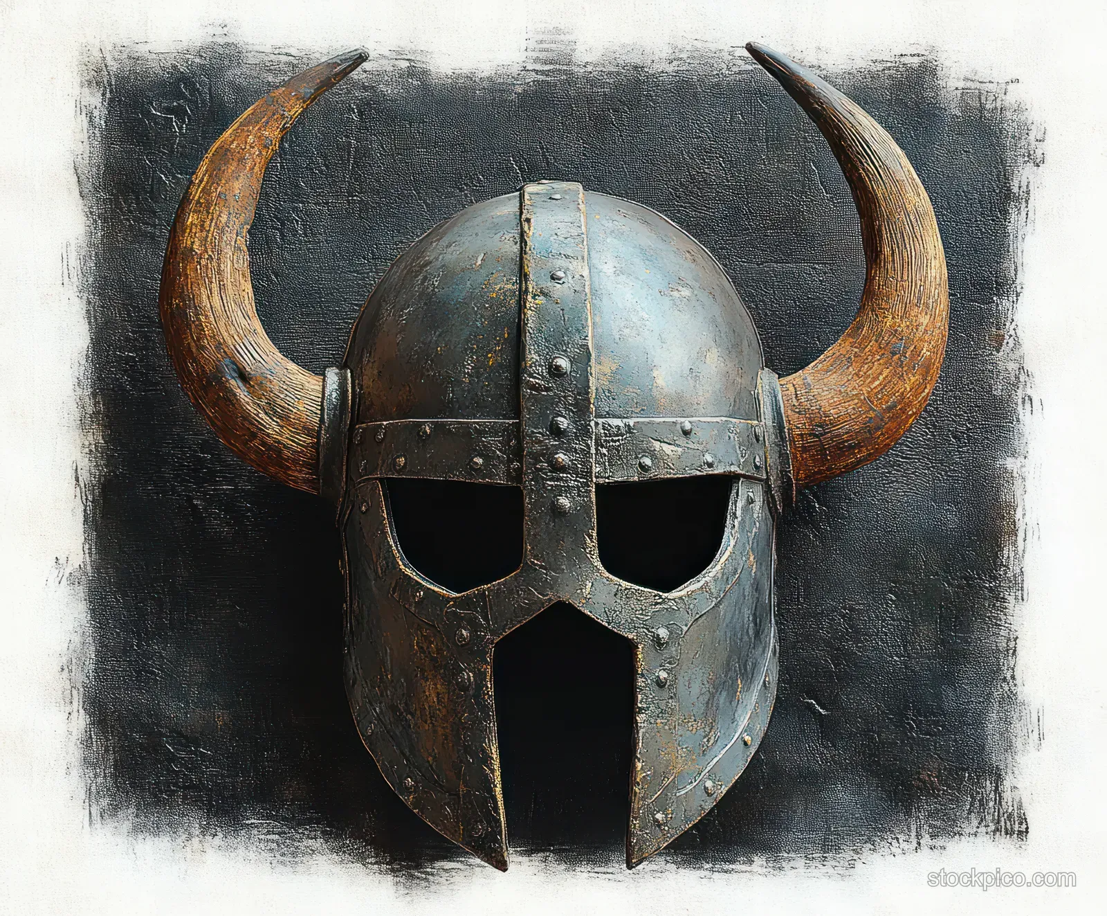 Weathered steel helmet with rivets and curved wooden horns on a dark textured background.