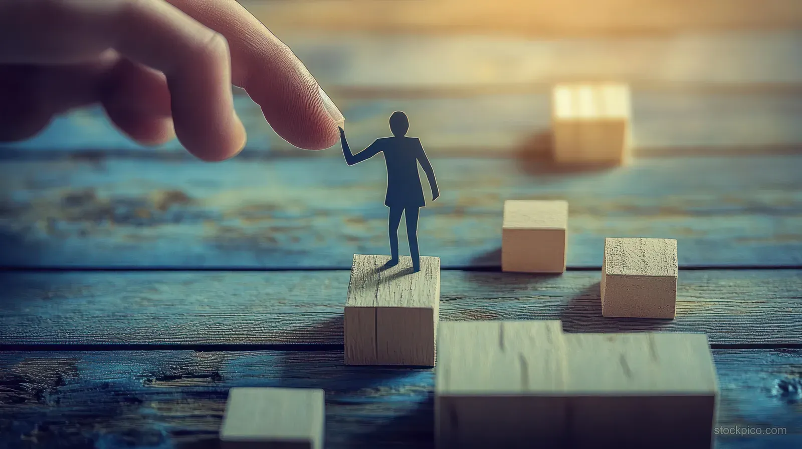 A hand helps a silhouetted paper figure climb stacked wooden blocks on a blurred desk background.