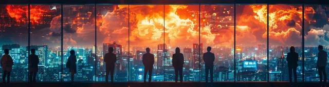 Business team silhouettes collaborating through glowing digital network across city skyline at sunset
