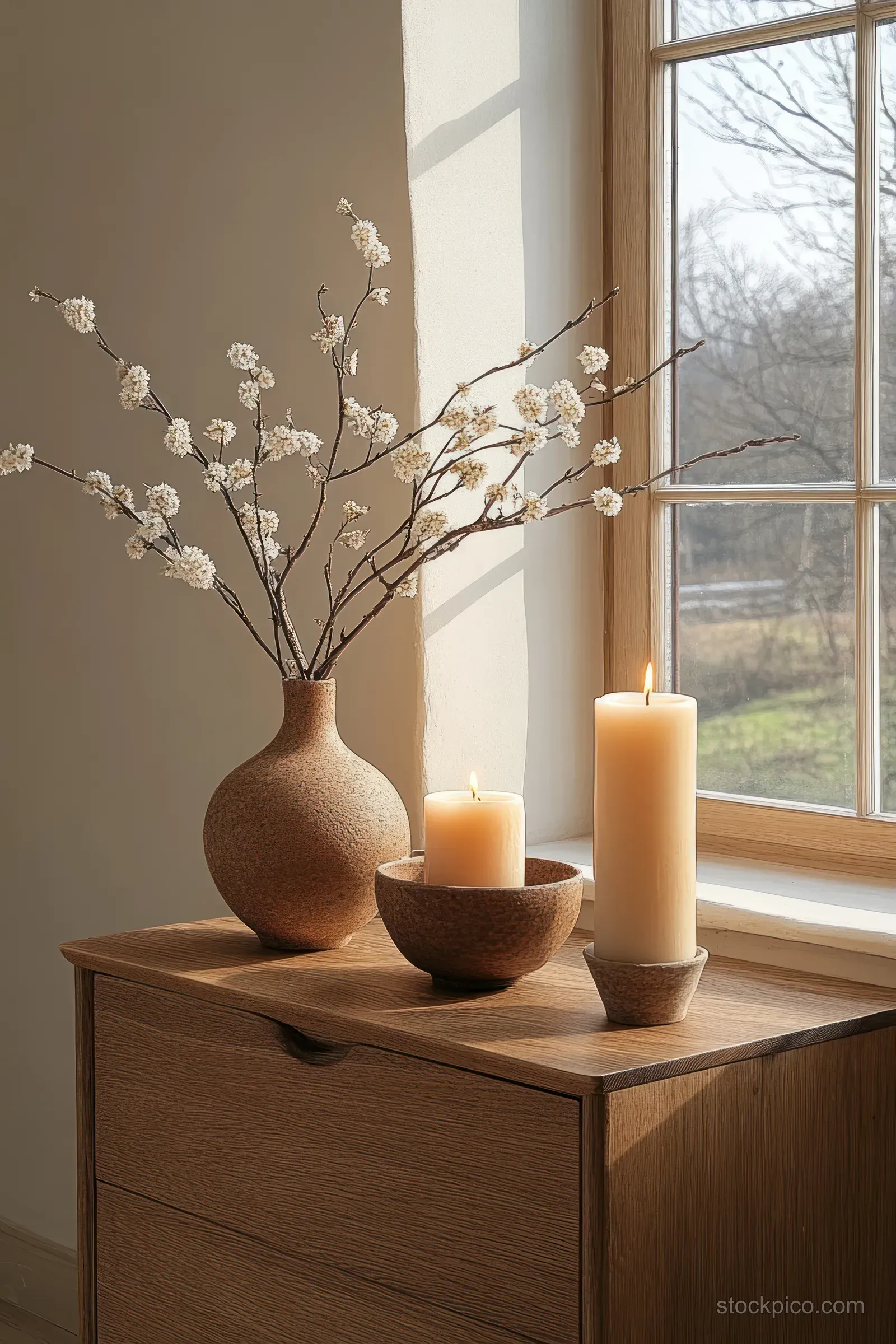 Wooden cabinet holding candles and a vase with branches beside a bright window in a Scandinavian living room corner.