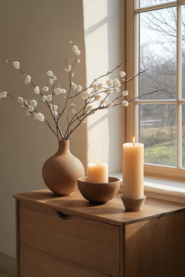 Wooden cabinet holding candles and a vase with branches beside a bright window in a Scandinavian living room corner.