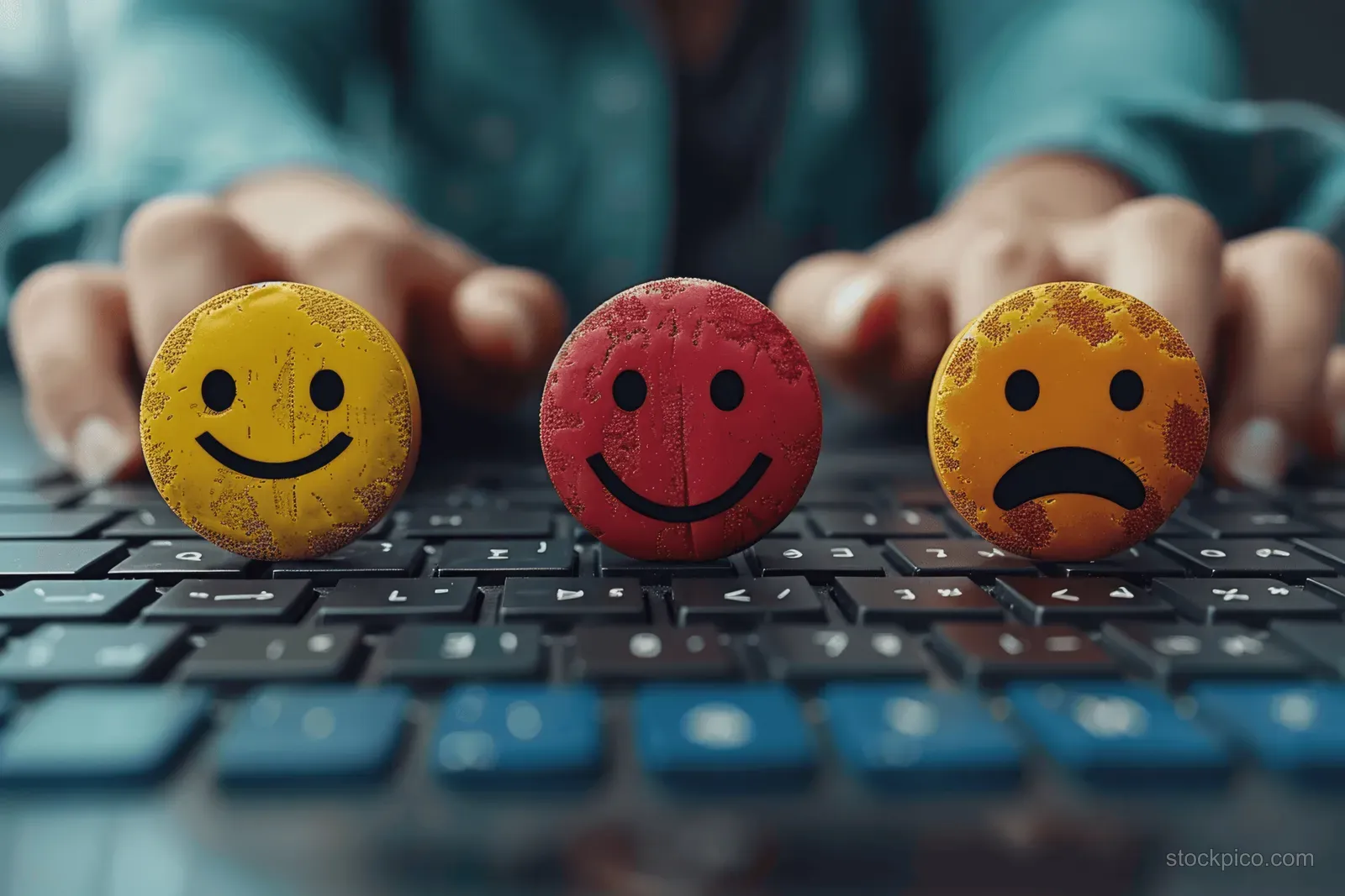 Sad and neutral emoticon faces on a keyboard with a person in the background reviewing customer survey feedback.