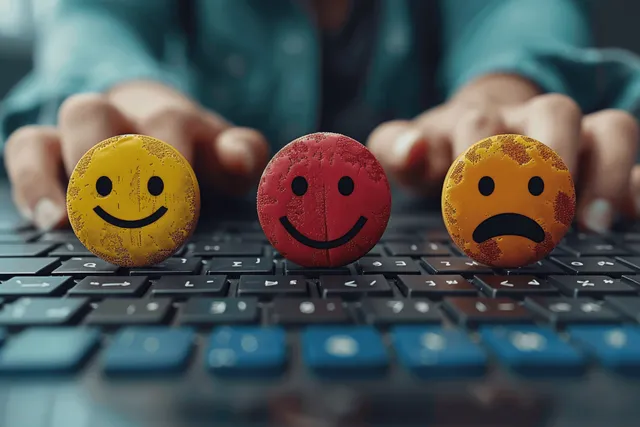 Sad and neutral emoticon faces on a keyboard with a person in the background reviewing customer survey feedback.