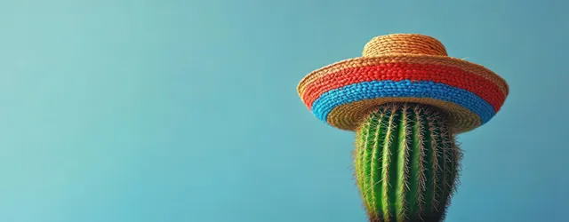 Green cactus wearing a colorful woven straw hat against a clear blue sky.