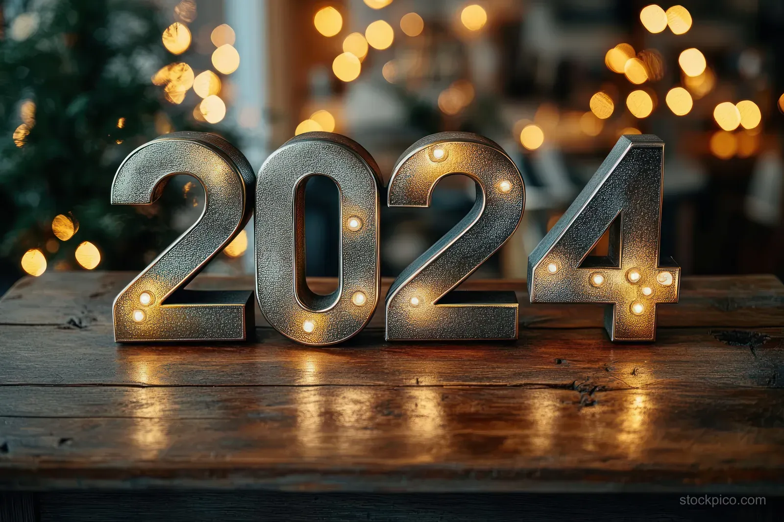 Metallic glowing 2024 numbers on a rustic wooden table with warm blurred festive lights in the background.