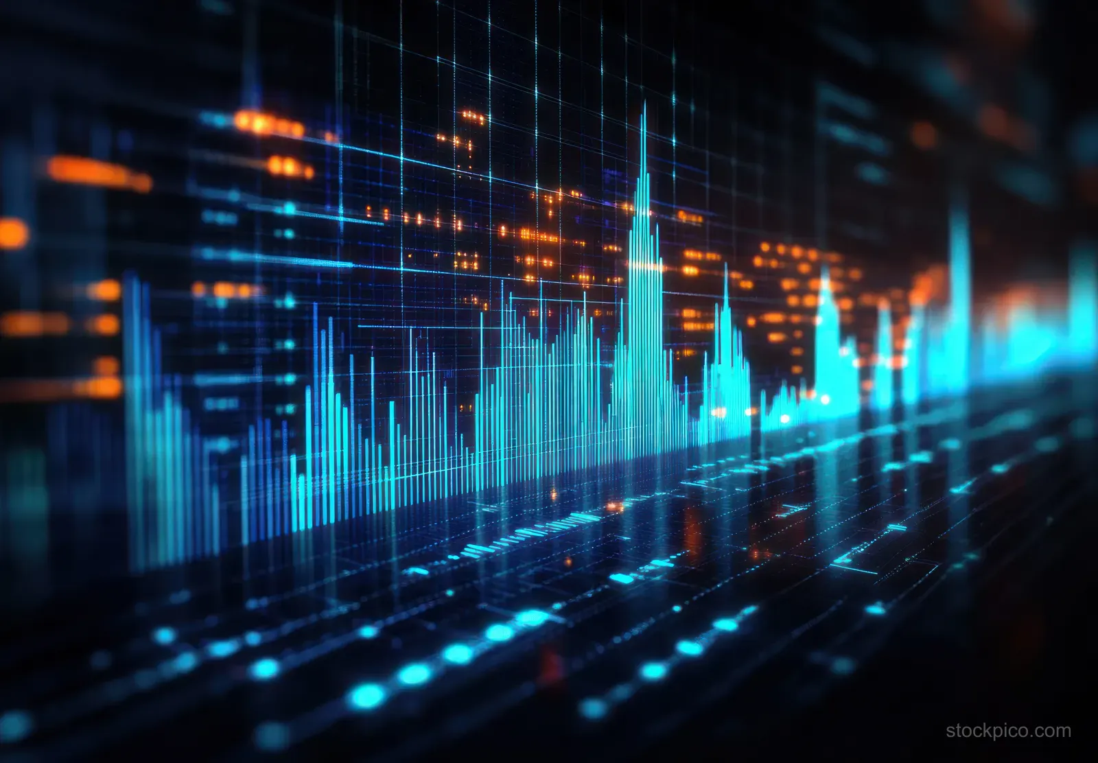 Neon cyberpunk financial chart displays rising glowing bars across a dark wireframe data grid.