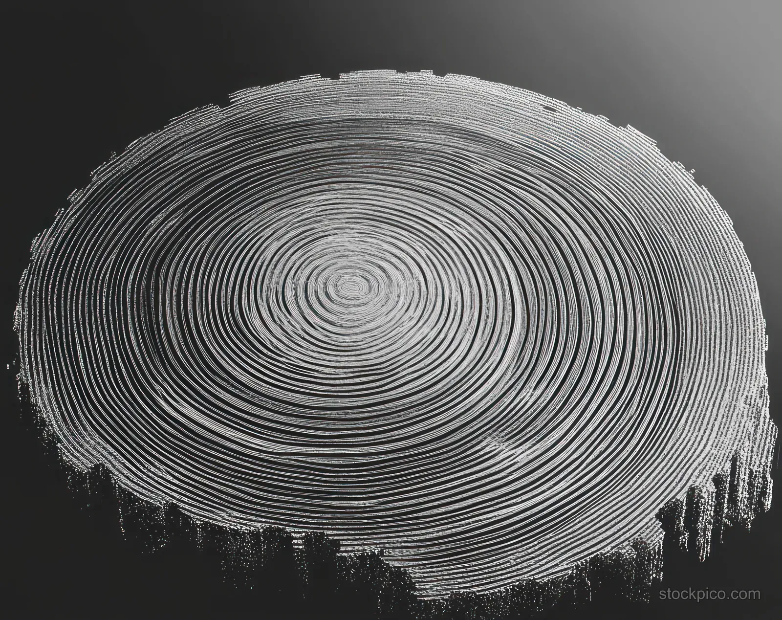 A cross-section tree trunk displays concentric growth rings and visible wood texture on a dark background.