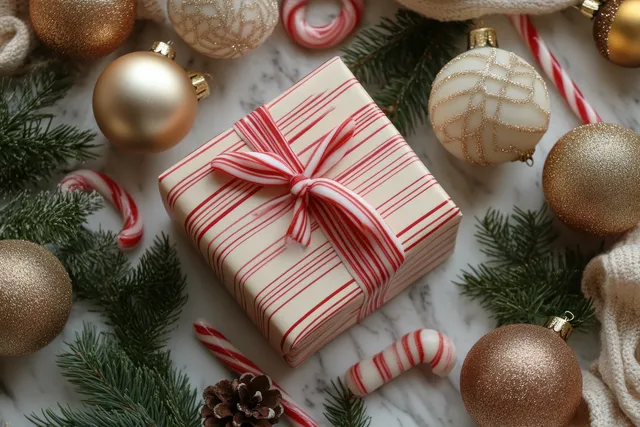 Christmas gift box with red striped ribbon on pine branches and bauble ornaments