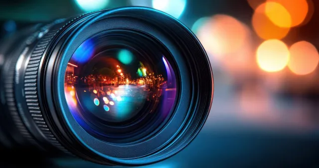 A close-up camera lens reflects colorful neon lights with glowing bokeh in a shallow depth background.