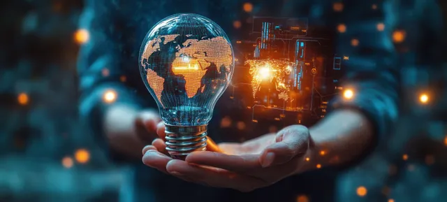 Hands Holding Glowing Light Bulb with Digital Earth Hologram