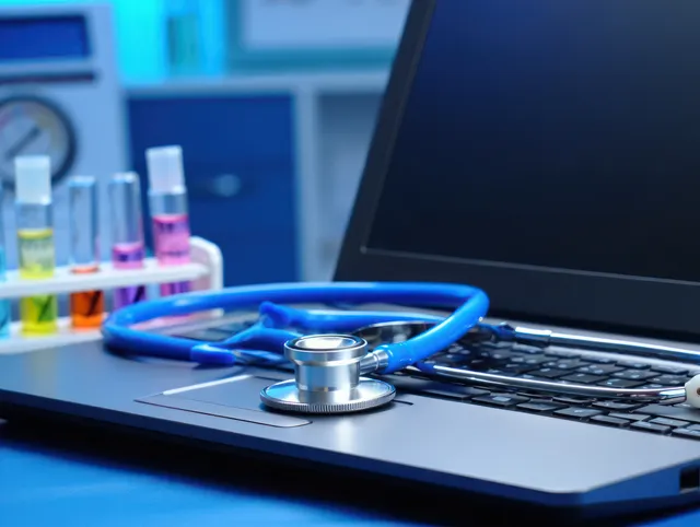 Blue stethoscope lying on a laptop keyboard with colorful test tubes in the background.