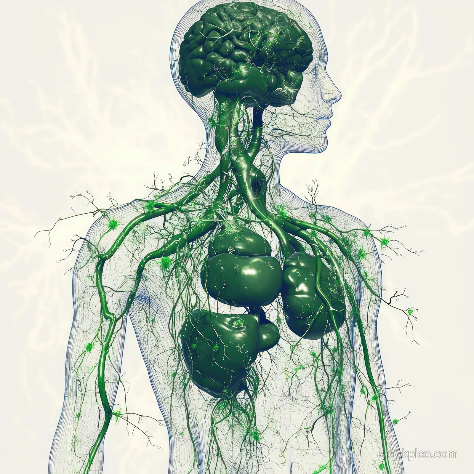 Green lymphatic vessels branch across a semi-transparent torso showing chest and abdomen organs.