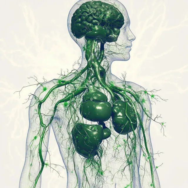 Green lymphatic vessels branch across a semi-transparent torso showing chest and abdomen organs.