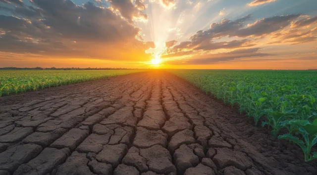 Cracked dry soil in the foreground splits a green crop field as sunrise rays cut through dramatic clouds.