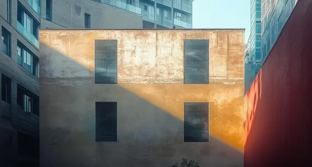 Sunbeam hits a weathered concrete building with square window cutouts in a narrow urban alley.
