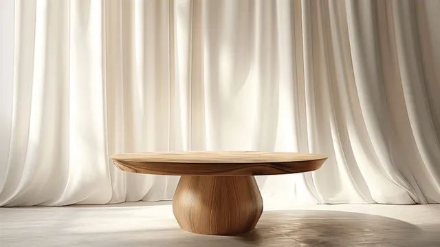 Round wooden pedestal table centered beneath flowing white curtains with sunlight casting soft shadows.