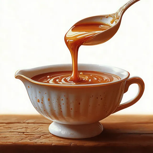 Caramel sauce pours from a spoon into a white ceramic gravy boat on a wooden tabletop.