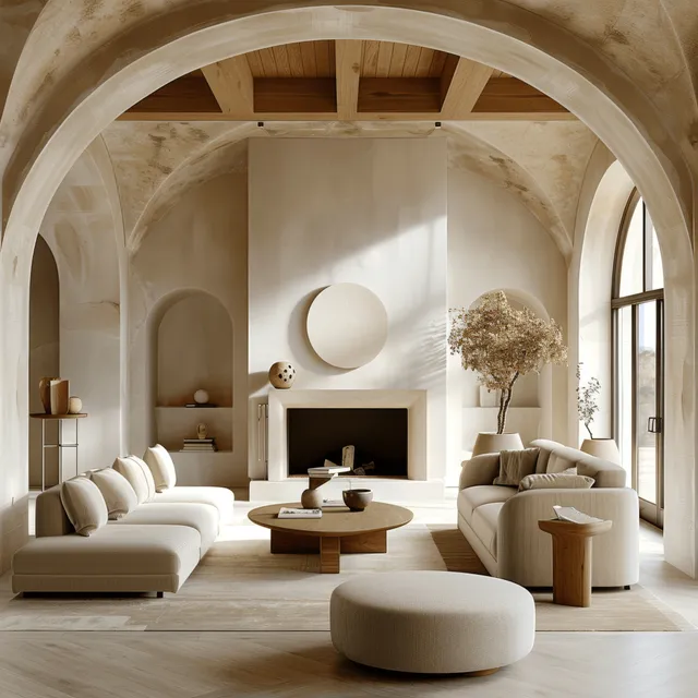 Minimalist living room with arched ceiling, fireplace, beige furniture, and sunlit tall windows.