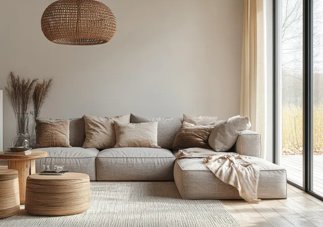 Cozy Scandinavian living room with gray sofa, rattan pendant lamp, and wooden side table