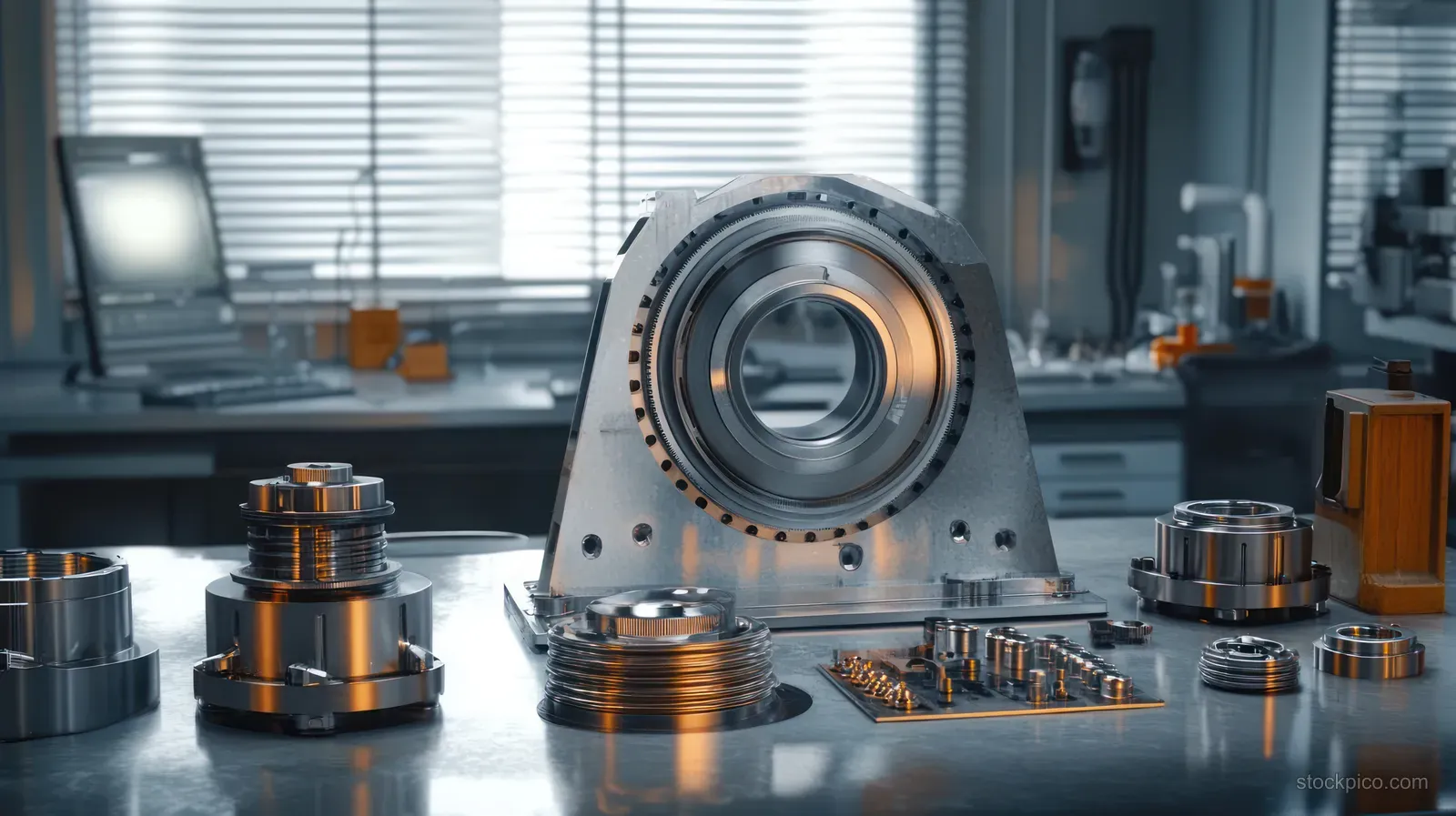 Large precision mechanical component sits on an inspection table with caliper nearby in an engineering lab.