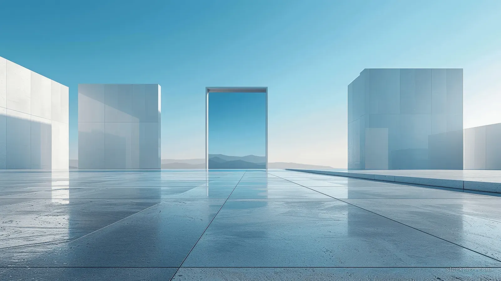 Concrete plaza extends toward white cube buildings with a central doorway perspective under a clear blue sky.