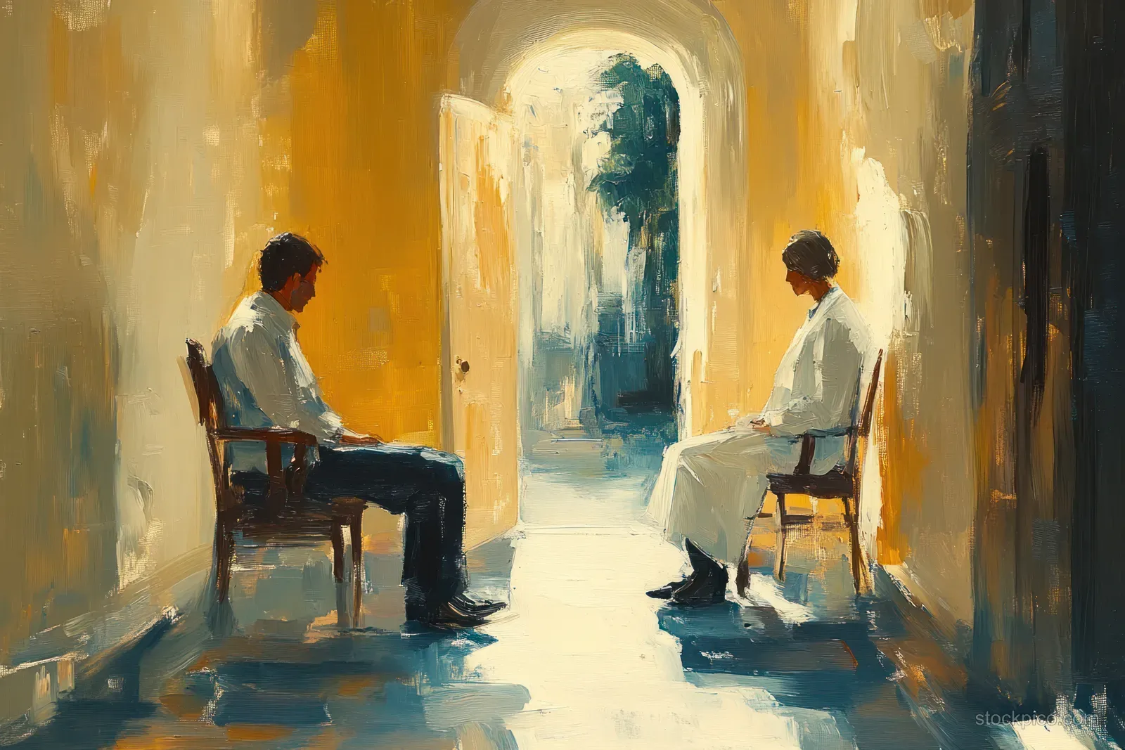 A doctor comforts a young cancer patient seated during IV infusion in a warm, softly lit clinic corridor.